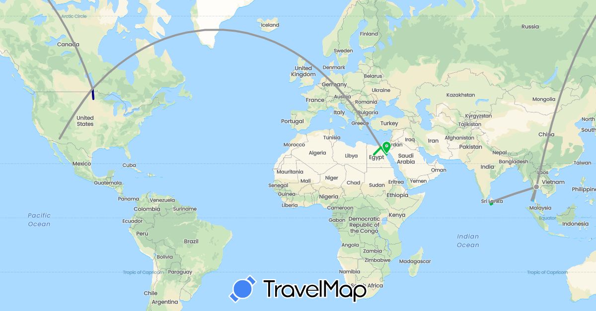 TravelMap itinerary: driving, bus, plane, train, boat in Canada, Egypt, Sri Lanka, Thailand, United States (Africa, Asia, North America)